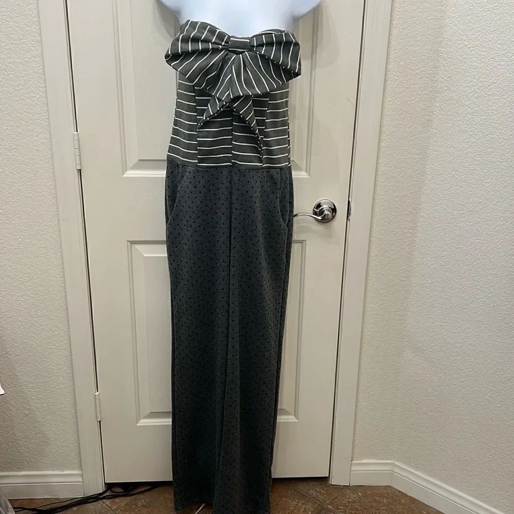 Kala Jumpsuit Striped Polka Dot Pants Strapless Bow Front Wide ZLegs Pockets